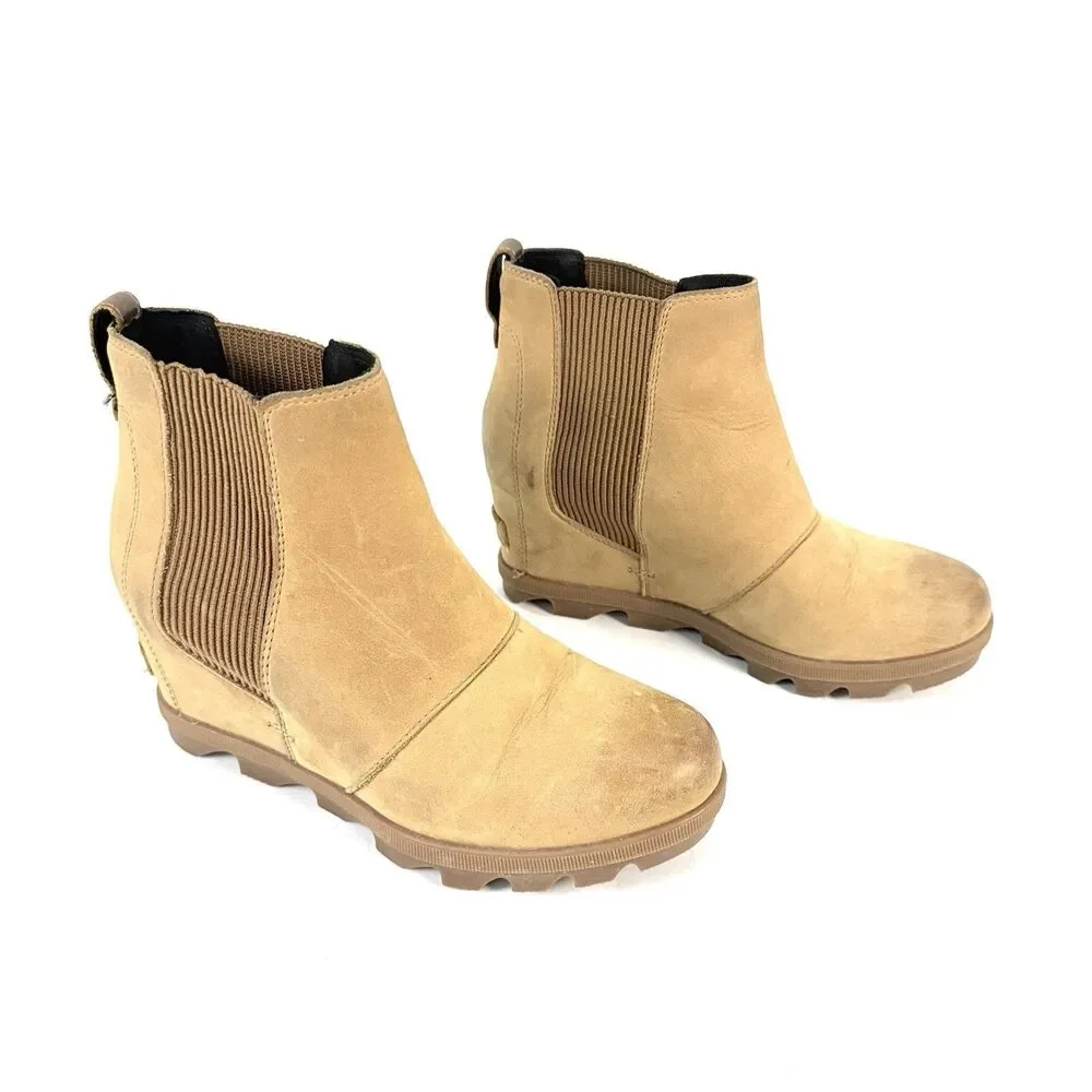 Sorel Boots Womens 7 Joan of Arctic Chelsea Brown Leather Wedge Heels NL3022-224